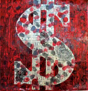 Blood Money Thumb 16' x 16' Collage,Acrylic and Oil Paint